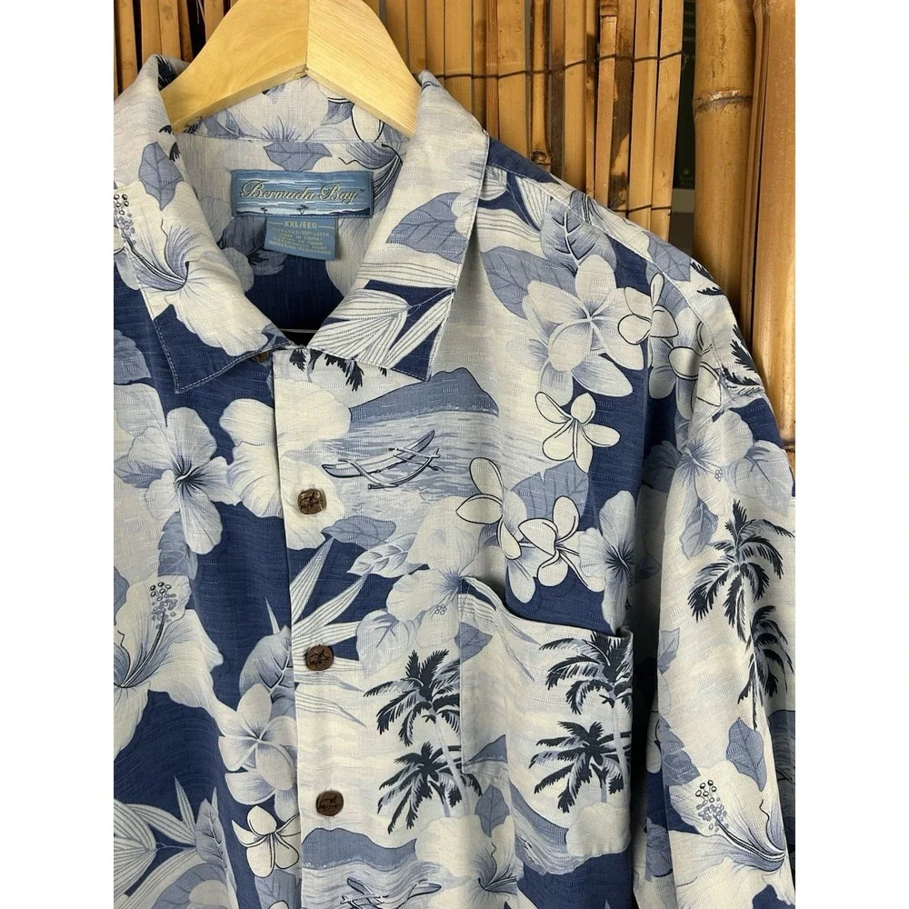 Bermuda Bay 100% Silk Hawaiian Shirt Blue White‎ Short Sleeve Button Up Size 2XL - Picture 2 of 13